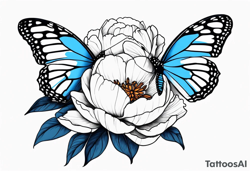 Peony with blue monarch butterflies tattoo idea