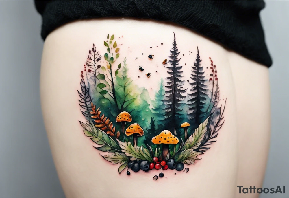 forest floor inspired minimalist tattoo, which includes grass, curly ferns, moss and dead leaves as the bulk of the tattoo. details to include: forest berries, a tiny bumblebee flying nearby, three small brown mushrooms
Generate a vertically long one tattoo idea