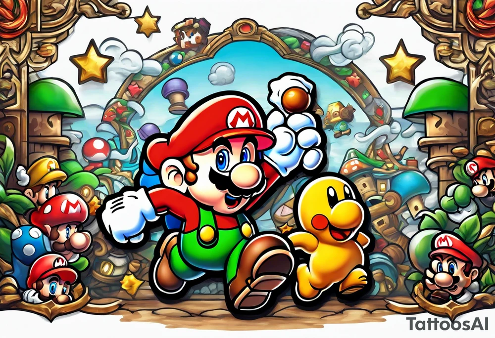 Mario brothers with ghosts and goombas with canons tattoo idea
