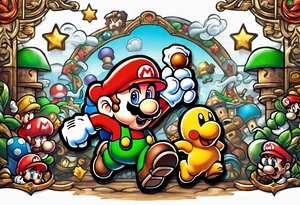 Mario brothers with ghosts and goombas with canons tattoo idea