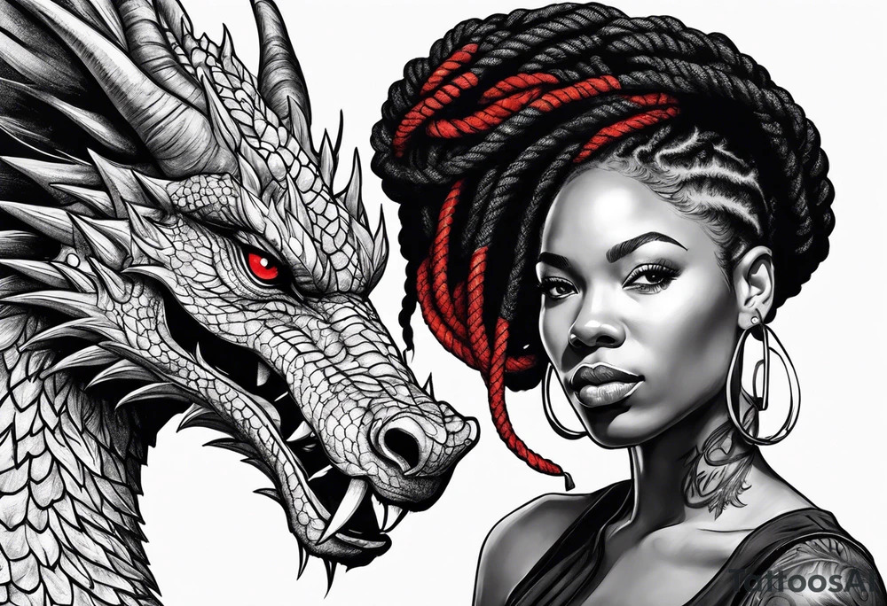 Black woman with locs and red dragon tattoo idea