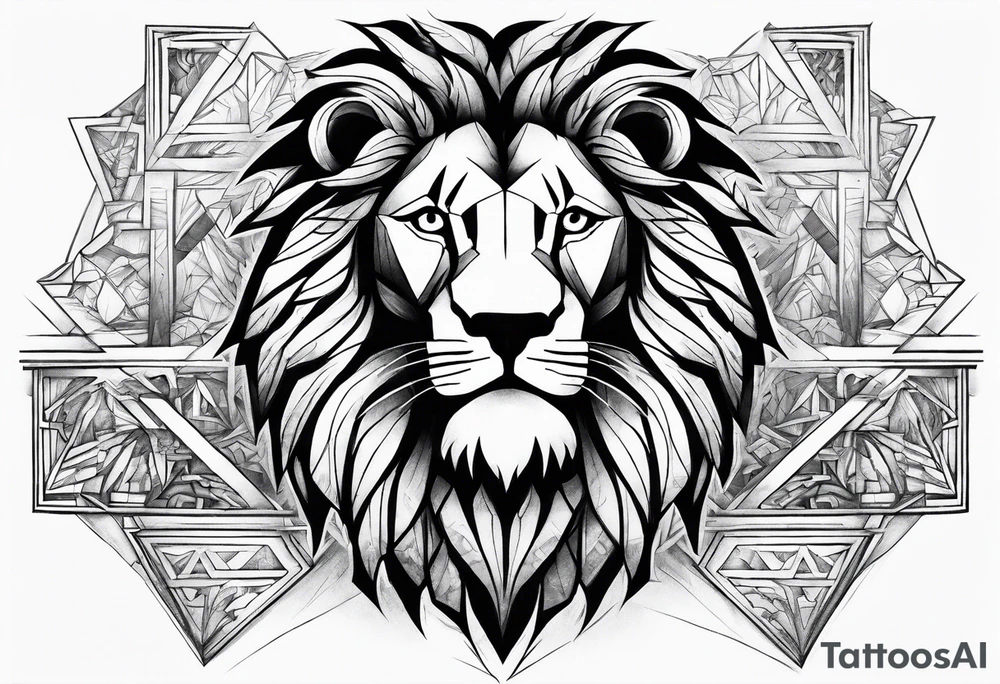 Chest piece with a lion standing over a crowd of angles tattoo idea