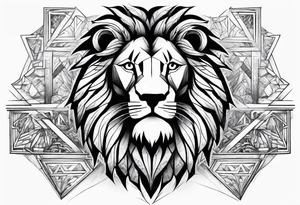 Chest piece with a lion standing over a crowd of angles tattoo idea