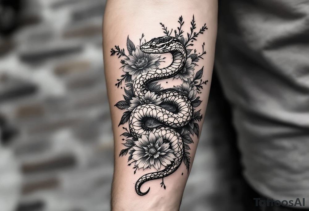 snake with flowers tattoo idea
