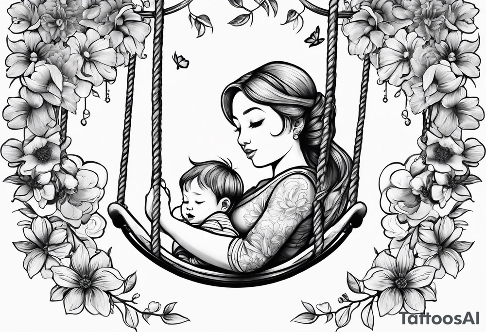 1/2 sleeves full of flowers with a mom older son  younger daughter in the middle on a swing tattoo idea