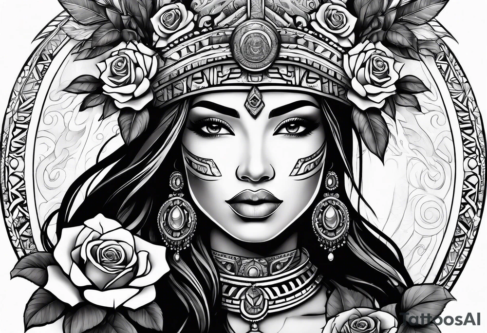 Mayan princess with roses & desert tattoo idea