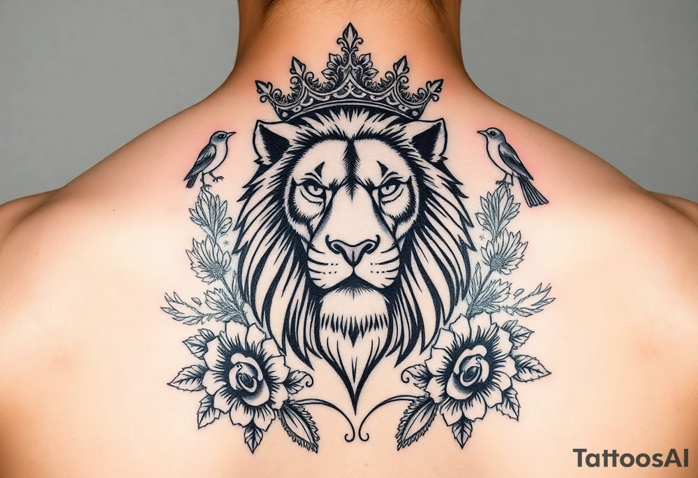 powerful majestic lion with a crown, surrounded by floral ornaments and birds tattoo idea