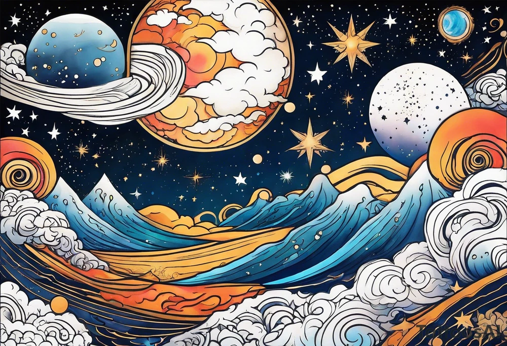 Celestial Galaxy scene with beautiful details of gas stars and space tattoo idea