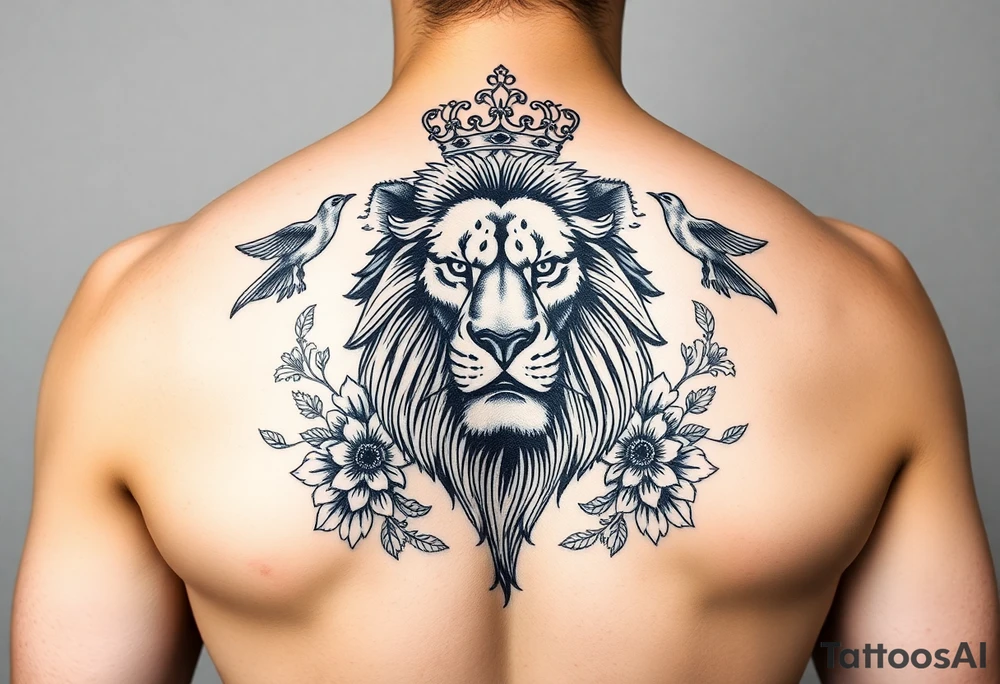 powerful majestic lion with a crown, surrounded by floral ornaments and birds tattoo idea