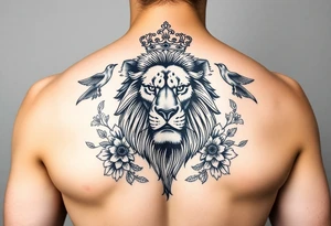 powerful majestic lion with a crown, surrounded by floral ornaments and birds tattoo idea