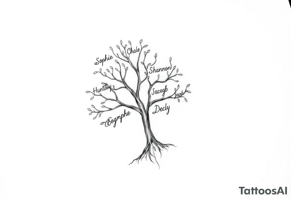 small family tree tattoo with names sophie, chloe, shannon, hannah, hunter, jacob and declyn tattoo idea