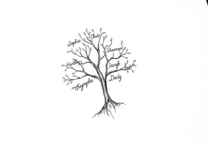 small family tree tattoo with names sophie, chloe, shannon, hannah, hunter, jacob and declyn tattoo idea