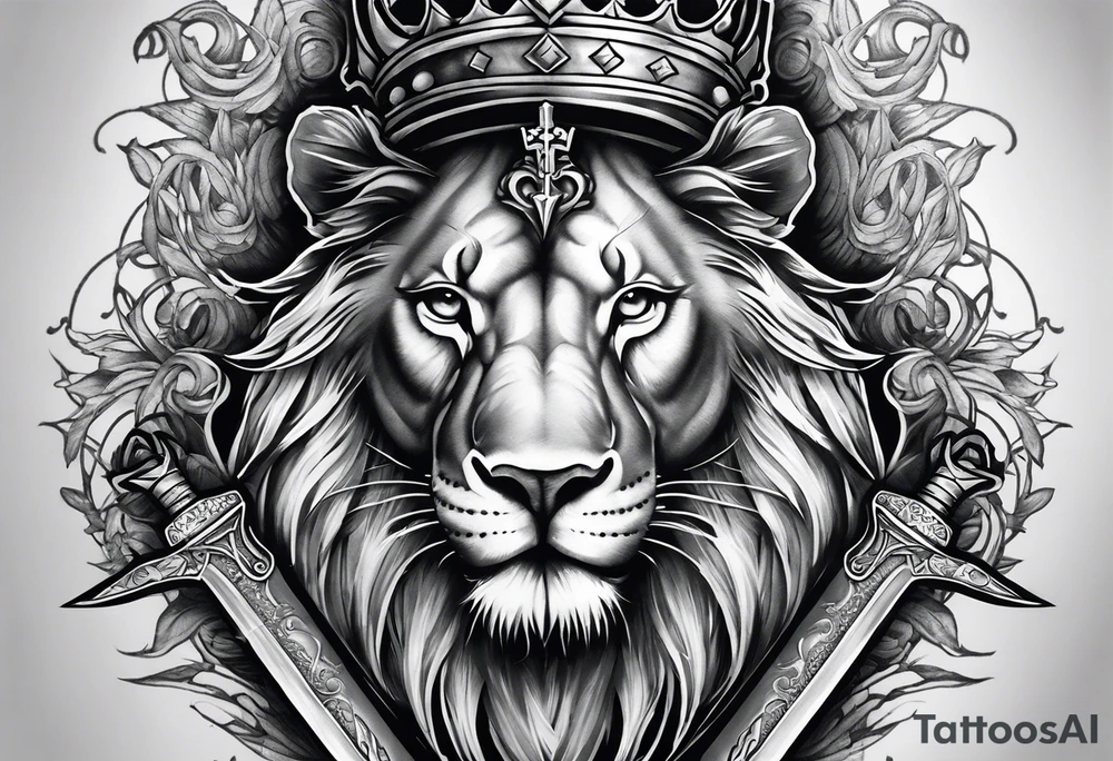 Back Tattoo of a Sword starting at the lower neck going down the spine. On the left of the sword is a lion wearing a crown of thorns and on the right side of the sword a lamb wearing a kings crown tattoo idea