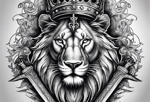 Back Tattoo of a Sword starting at the lower neck going down the spine. On the left of the sword is a lion wearing a crown of thorns and on the right side of the sword a lamb wearing a kings crown tattoo idea