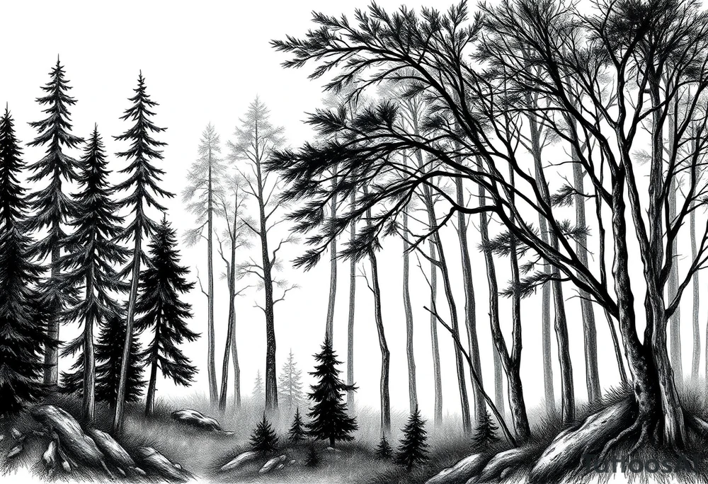 Needle forest with black and gray trees tattoo idea