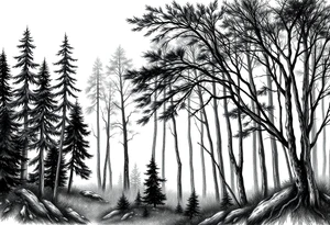 Needle forest with black and gray trees tattoo idea
