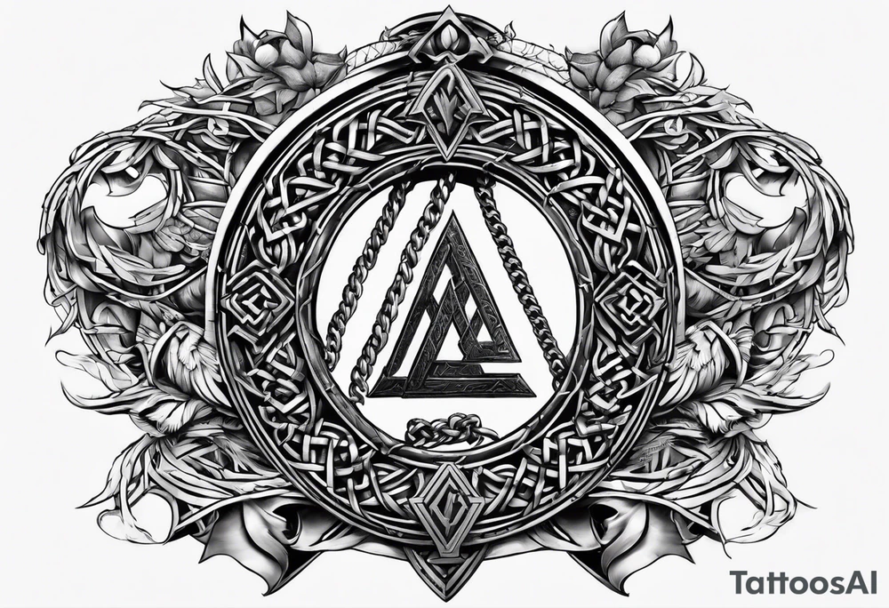 Valhalla  sword shield axe barbed wire chains valknut tattoo idea