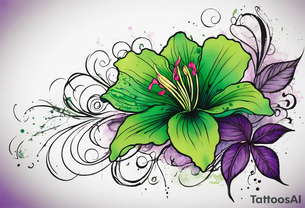 A mystical outline of a green rio dipladenia flower and a green/purple watercolor splatter in the background tattoo idea