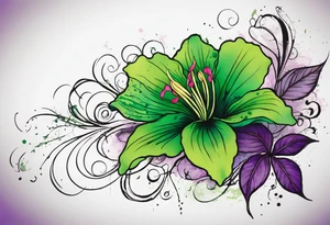 A mystical outline of a green rio dipladenia flower and a green/purple watercolor splatter in the background tattoo idea
