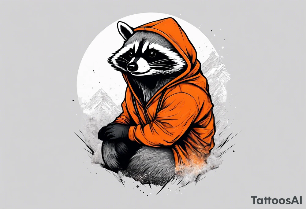 Raccoon wearing an orange Superman hoodie tattoo idea