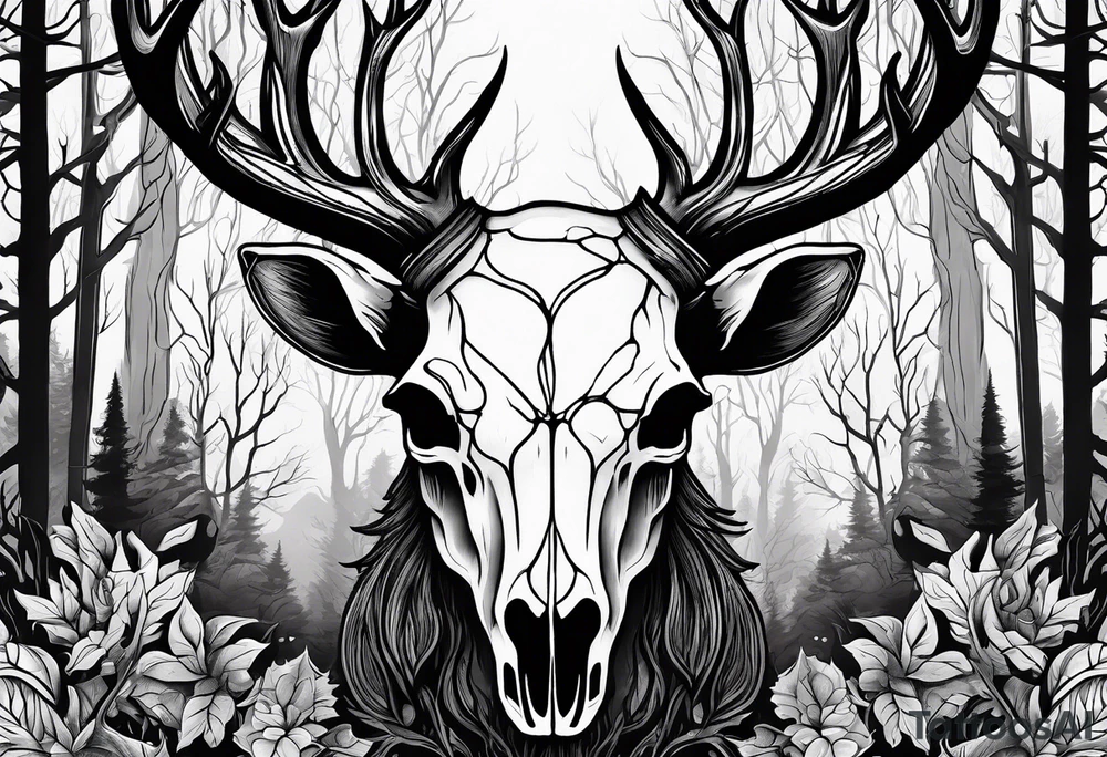 A frightening horror DECAYING deer skull JUST BONE surrounded by a forest fire in background tattoo idea