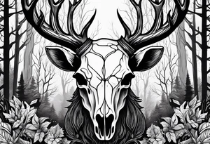 A frightening horror DECAYING deer skull JUST BONE surrounded by a forest fire in background tattoo idea