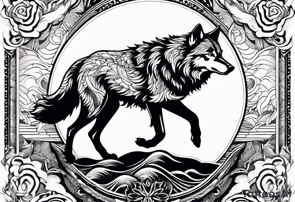 strength, small, running young wolf, elegant, sun, lenghty tattoo idea