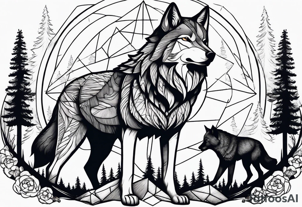 un lobo con tres lobos pequeños y un bosque tattoo idea