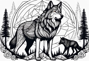 un lobo con tres lobos pequeños y un bosque tattoo idea