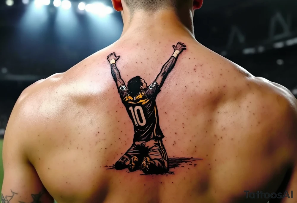 Last Second Goal Celebration
A player dropping to his knees in celebration, arms raised. Black and gold jersey, surrounded by light blue spotlight and subtle crowd silhouettes in gray. tattoo idea