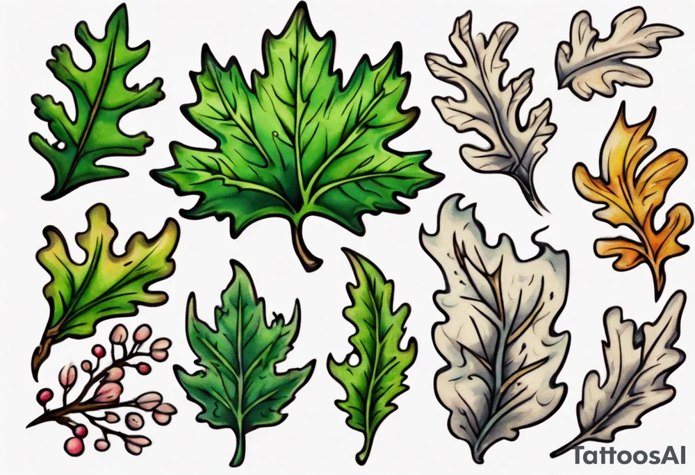 an oak leaf in the spring done Neo traditional tattoo idea