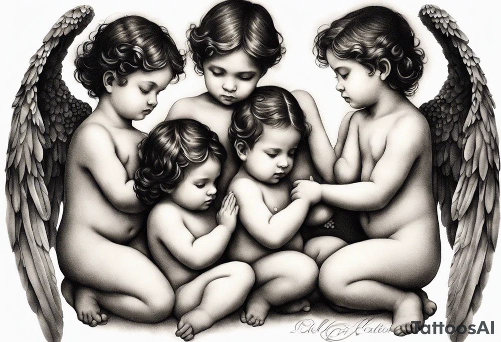 Six angels praying together. two boy angels are standing in the back of the three girl angel, with their wings gently enfolding a baby angel in a protective embrace tattoo idea