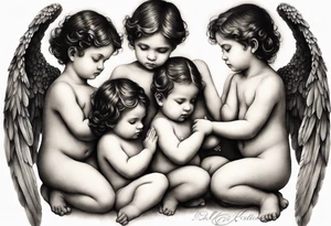 Six angels praying together. two boy angels are standing in the back of the three girl angel, with their wings gently enfolding a baby angel in a protective embrace tattoo idea