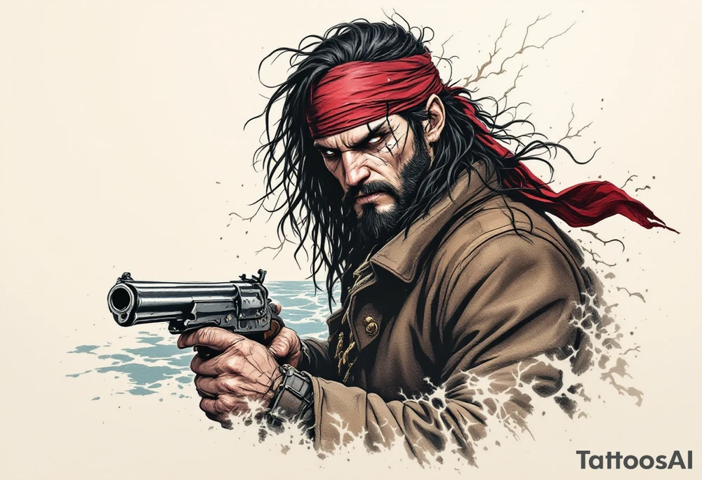 Stormborn Marauder – A fierce pirate with long, tangled black hair, wearing a deep red bandana and a brown leather coat. He holds a flintlock pistol, his scarred face half-hidden by shadows, standing before a lightning-lit sea. tattoo idea