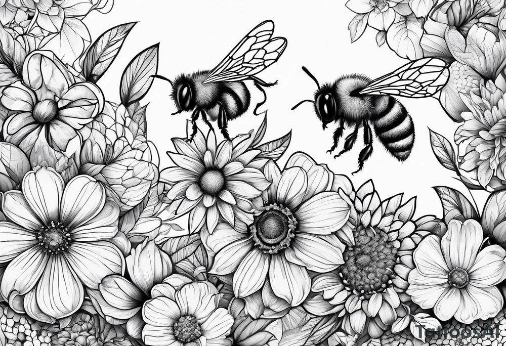 honey comb, flowers, bumble bees, sleeve tattoo idea
