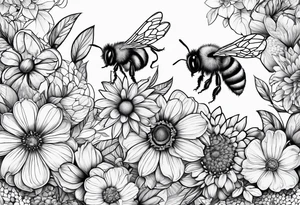honey comb, flowers, bumble bees, sleeve tattoo idea