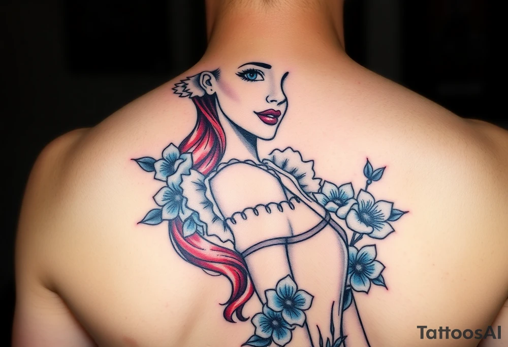 Traditional pin up girl with red hair and blue eyes and wearing a milkmaid maid style dress with blue flowers tattoo idea