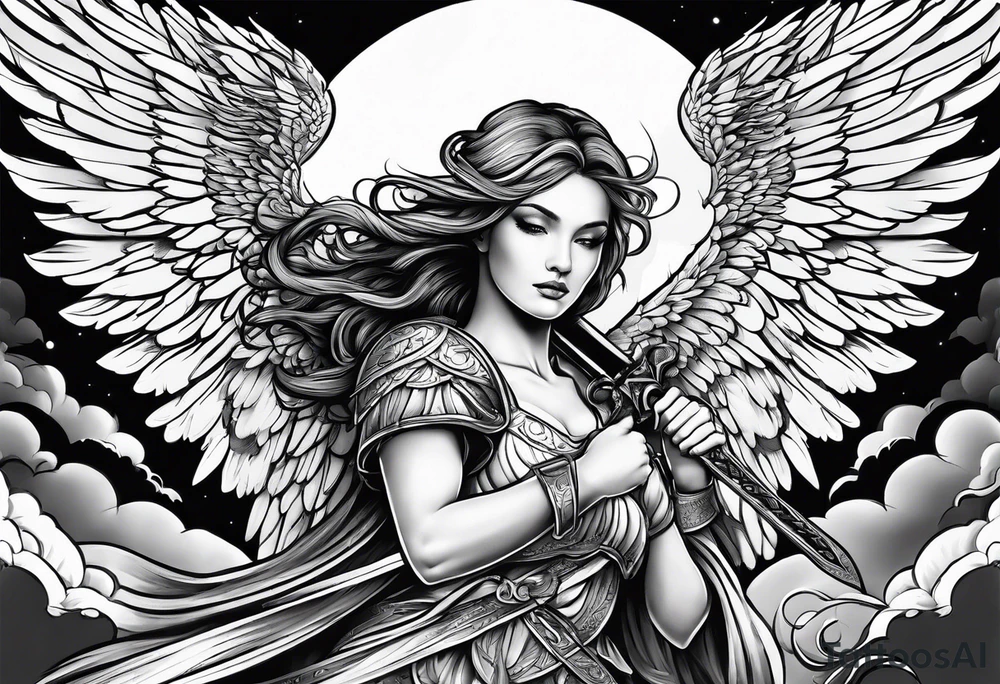 female angel with sword flying in the sky tattoo idea