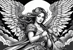 female angel with sword flying in the sky tattoo idea