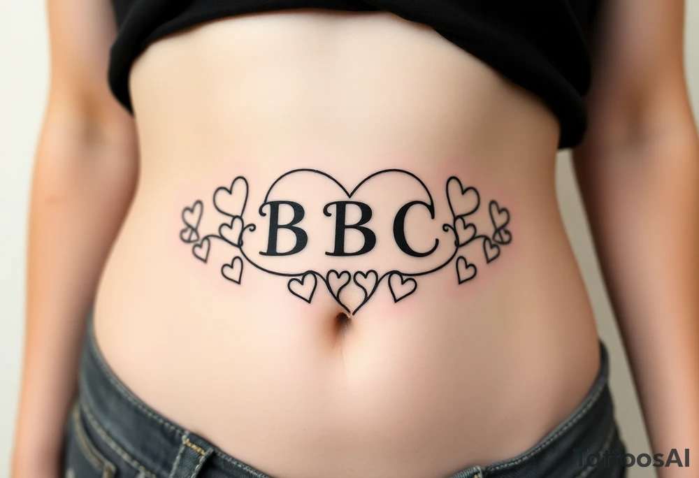 text reading "BBC" across a womb tattoo surrounded by hearts tattoo idea