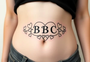 text reading "BBC" across a womb tattoo surrounded by hearts tattoo idea