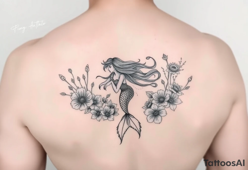 ethereal mermaid with flowing hair among coral and sea flowers tattoo idea