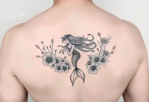 ethereal mermaid with flowing hair among coral and sea flowers tattoo idea