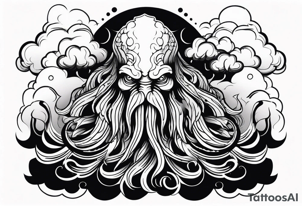 Cthulhu face surrounded by storm clouds with white lightning tattoo idea Cthulhu face surrounded by storm clouds with white lightning tattoo idea