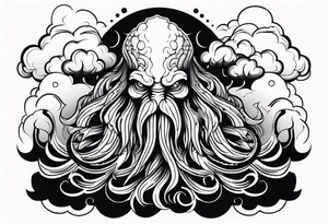 Cthulhu face surrounded by storm clouds with white lightning tattoo idea