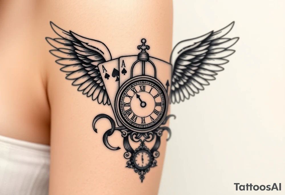 Slot machine cards compass and clock with angel wings tattoo idea