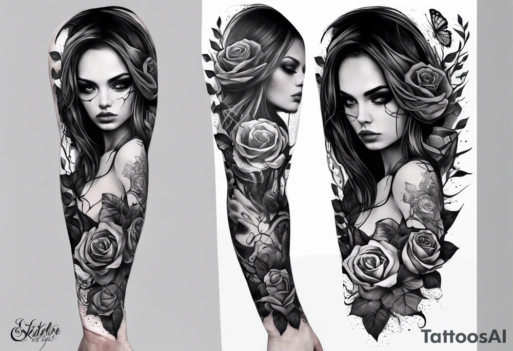 A sleeve tattoo whose elements seem to be connected into one story. Elements on the tattoo: a skull with a rose sticking out of the eye, plants, a girl’s face turning into roots, a destroyed old chain, a broken sword, a butterfly and you can add some connecting elements tattoo idea