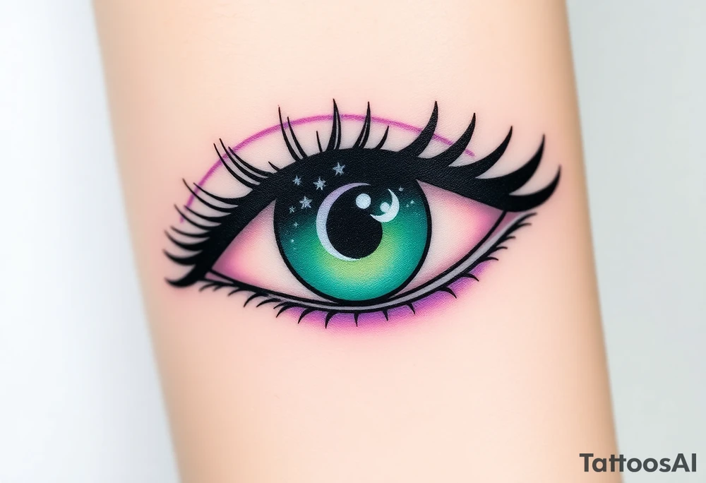 Large outline of an eye shaped like an almond with eye colored greenish blue with long pretty black eyelashes + spade symbol as the eyeball+ a crescent moon stars and clouds inside of the eyeball only + using vivid colors like blue green purple light blue light green light purple tattoo idea