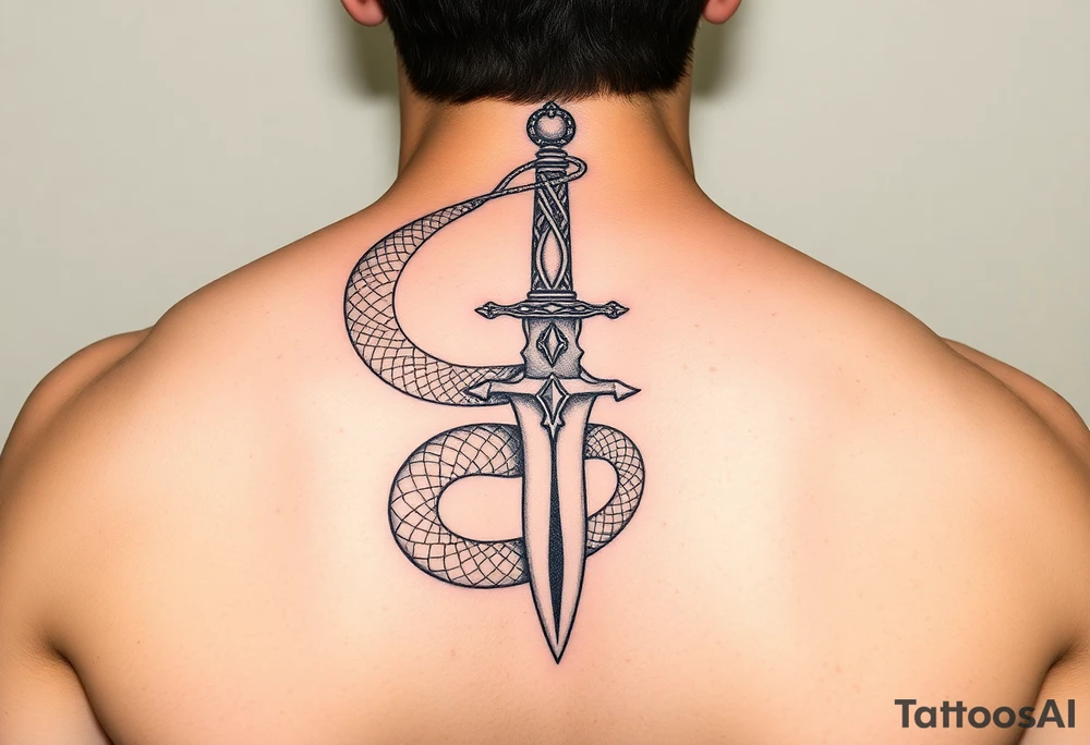 mystical snake coiled around an ancient dagger with jeweled hilt tattoo idea