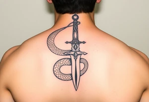 mystical snake coiled around an ancient dagger with jeweled hilt tattoo idea